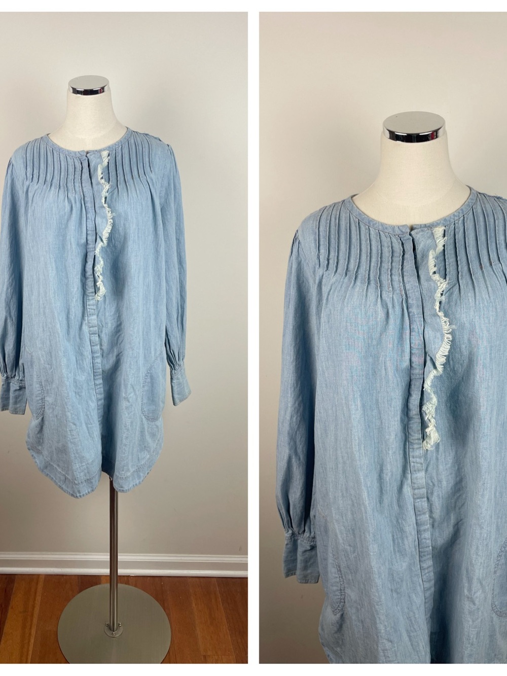 Free People Light Blue Denim Cotton Hemp Ruffle Long Sleeve Dress Women Small